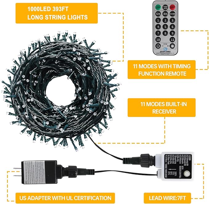 Haili 1000 Led Christmas Lights, Plug in 8 Lighting Modes Waterproof, Outdoor Christmas Lights for Tree Yard Party Indoor Outside Decorations (393FT, Color Changing)