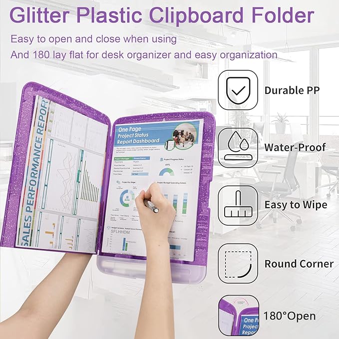 Glitter Clipboard with Storage,Storage Clipboard with Pen Holder,A4 Binder Clip Boards 8.5x11 with Low Profile Clip,Side Opening Sparkle Clipboards, Clipboards Folder for Office Supplies-Dark Purple