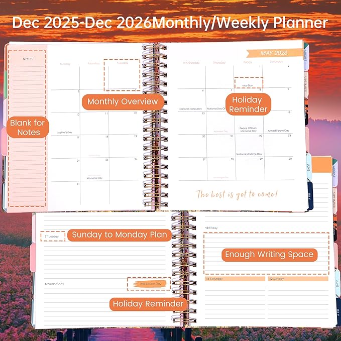 Yoment Hardcover 2026 Planner Academic Weekly and Monthly, 13 Month Planner Dec 2025 - Dec 2026, 8.5" x 10.3" Student for College, Teacher, Daily Agenda Notebook, 3 Sticker Sheets (Sunrise)