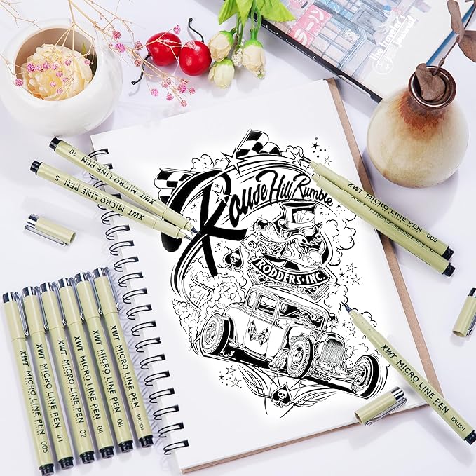 Micro Fineliner Pens 6 Size/Set, Ultra Fine Fineliner Pen, Brush Marker Pen, Water-based Black Pigment Ink, Drawing Journaling Doodle Supplies for Artists, Designers, Students