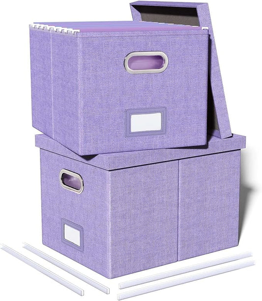 2 Pack File Storage Organizer, Filing Box, Portable File Box with Lid, Fit for Letter/Legal File Folder Storage, Document Organizer, Lavender