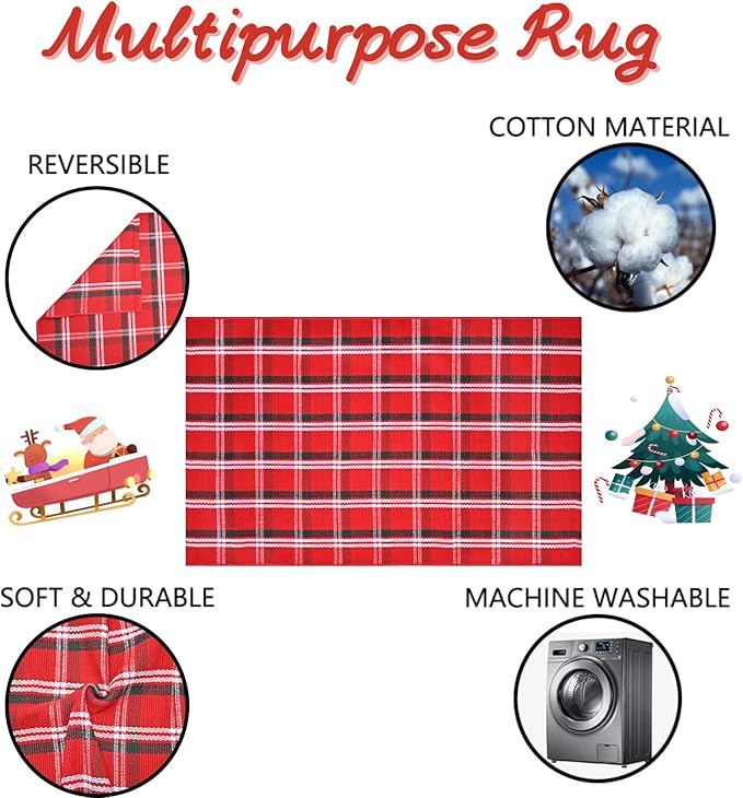 Christmas Red Green White Plaid Rug, 24"x 51" Cotton Hand-Woven Buffalo Check Layered Door Mat for Front Porch, Entryway, Outdoor Holiday Decor, Washable Farmhouse Rug for Home, Patio, Kitchen