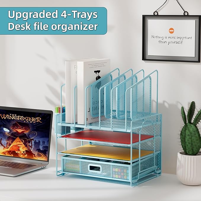 Marbrasse Desk Organizers, 4-Tier Mesh Desk File Organizer with 5 Vertical File Holders and 2 Pen Holders, Multifunction Desktop Organizer,Desk Organizers and Accessories for Home Office (Blue)