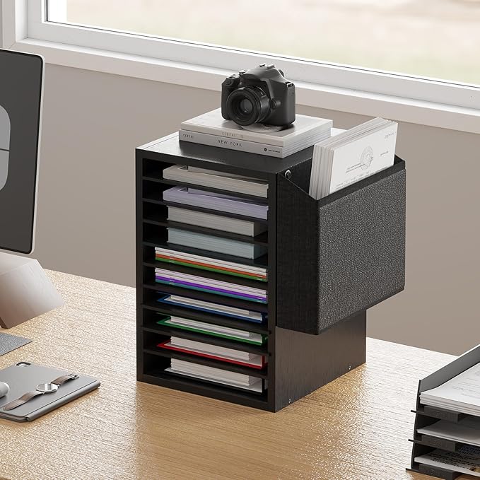 Office Mail Sorter, Wooden Paper Organizer With Storage Bag, 10 Tier Adjustable Classroom Mailbox, Removable Classroom Organization, Teacher Desk Organization for Office, Study, Black