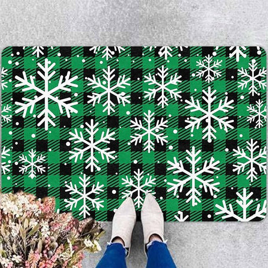 Merry Christmas Door Mat Xmas Snowflakes Doormat Non Slip Rubber Entry Front Porch Rugs Green Plaid Welcome Mats for Christmas Indoor Outdoors, 16" x 24" Inch