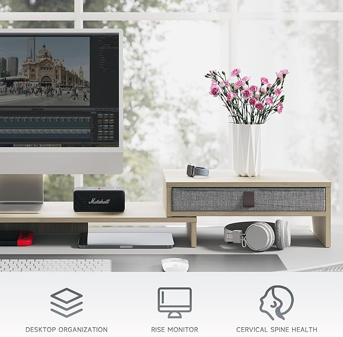 Fenge Computer Monitor Riser Stand with Drawer for 2 or 3 Monitors ,Adjustable Length and Angle Desktop Laptop Stand,Office Organizer,Printer,Oak