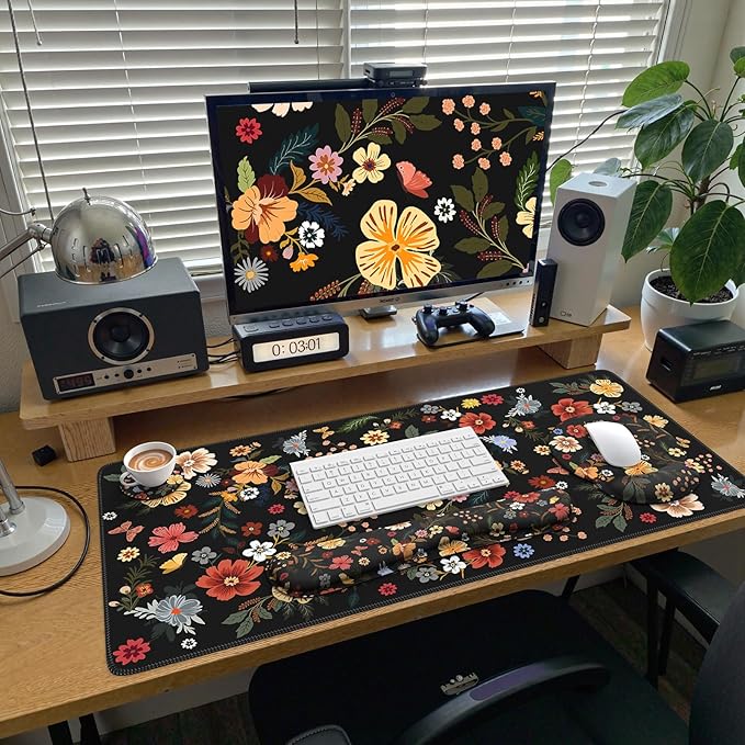 iCasso Desk Cover Mat, 4in1 Floral Large Mouse Pad with Wrist Rest, Desk Matt for Desktop, Anti-Slip XXL Big Computer Ergonomic Mousepad with Wrist Support for Keyboard and Mouse (Flowers)
