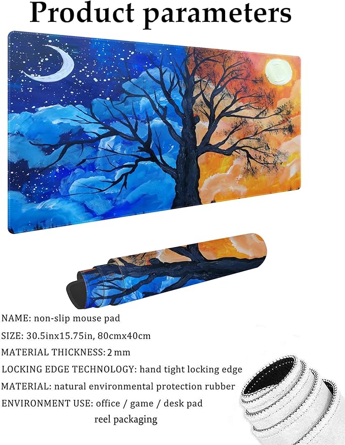 Hand Painted Landscape Trees Customized Large Extended Gaming Mouse Pad with Stitched Edges and Non-Slip Rubber Base,Suitable for Office and Home Use,31.5x15.7 Inches
