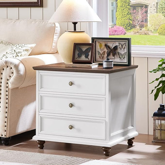 24" Wide Farmhouse Night Stand,Large End Table with 3 Drawers & Metal Handle,White Wood Dresser for Bedroom Cabinet, Bed Side Tabl·e Chest of Drawers,Nightstand for Living Room,Close