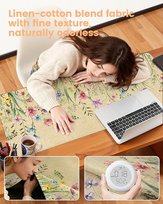 iCasso Desk Cover Mat, Extra Large Floral Mouse Pad, Desk Pad Mat,Office Matt for Desktop Protector, Anti-Slip XXL Big Mousepad with Stitched Edges for Laptop Computer Keyboard(Beige)