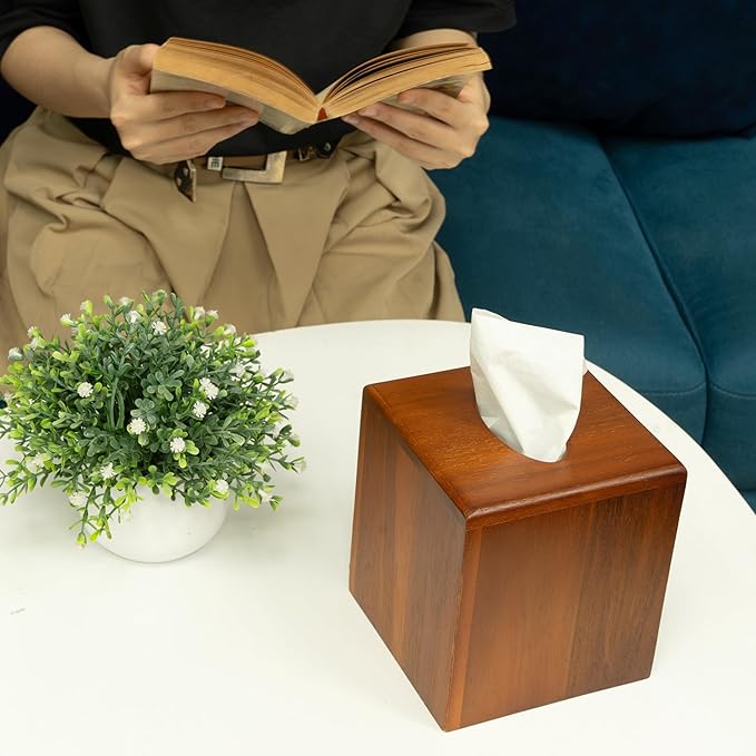 KOLWOVEN Acacia Wood Square Tissue Box Holder - Farmhouse Style, Brown