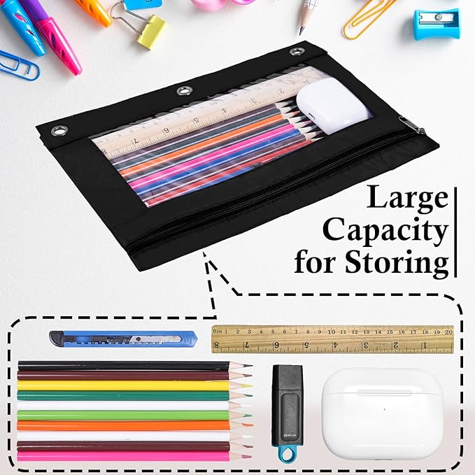 YoeeJob 36 Pack Zipper Pencil Pouch for 3 Ring Binder with Clear Window for School and Office Supplies (Black)