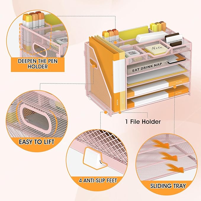 5 Tier Paper Letter Tray with File Holder and 3 Drop-in Pen Holders, Mesh Desk File Organizer with Handle, Desk Organizers and Accessories for School,Home, Office Supplies Storage-Pink