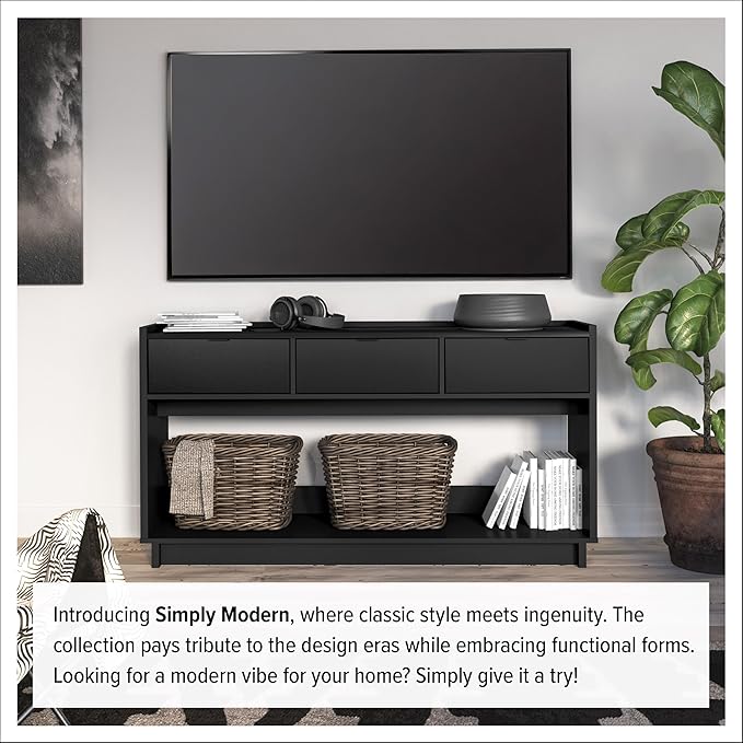 Prepac Black Simply Modern Entryway Table, Narrow Console Table with 3 Drawers, Media Console with Storage, 15.75" D x 60.25" W x 32" H