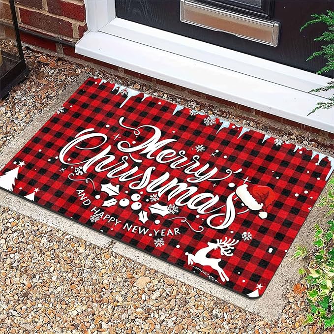 Merry Chirstmas Doormat Buffalo Plaid Door Mat for Front Door, Front Porch Rugs Easy Clean Welcome Mats Outdoor Rug Indoor Outdoor Winter Decor, 16" x 24" Inch