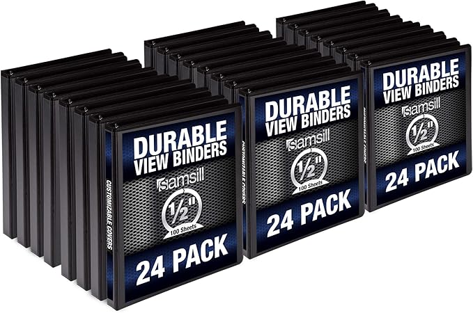 Samsill Durable .5 Inch Binder, Made in the USA, Round Ring Customizable Clear View Binder, Black, 24 Pack (MP248410)