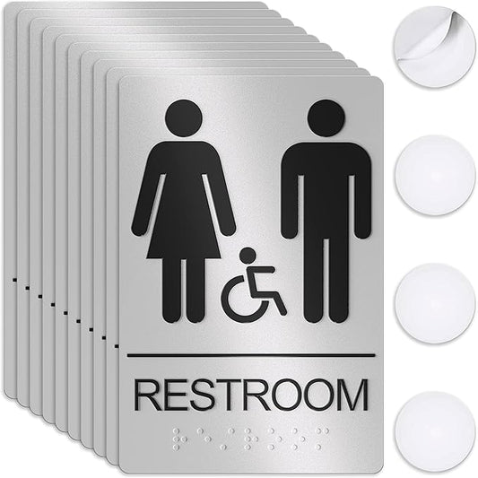Unisex Bathroom Signs, Restroom Sign For Business - For Men and Women - 10 Pack - 9" by 6" - ADA Compliant with Braille - Strong Double-Sided Adhesives Included - Apply to Office, Home, Public Door/Wall
