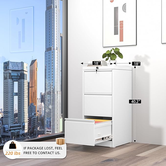 INTERGREAT 3 Drawer File Cabinet, White Metal Filing Cabinet with Lock, Locking Tall File Cabinets with 4 Adjustable Hanging Frame for Home Office