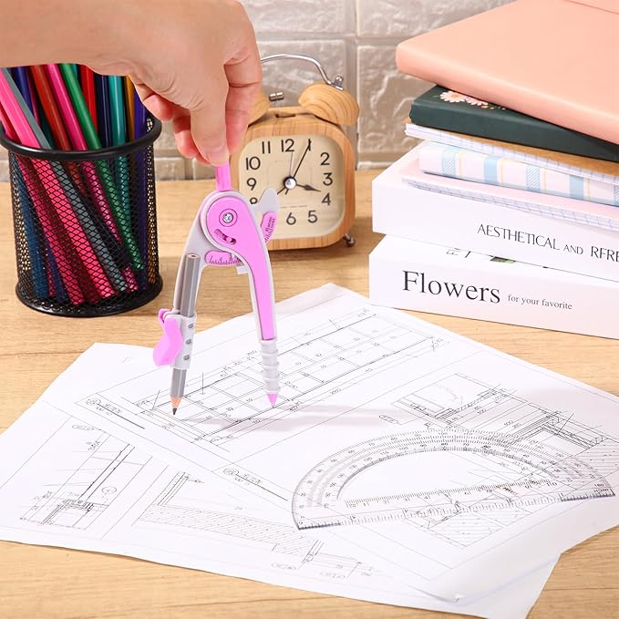 EBOOT Student Geometry Math Set, Drawing Compass and 6 Inch Clear Swing Arm Protractors 180 Degree Math Protractor (Lavender Purple)