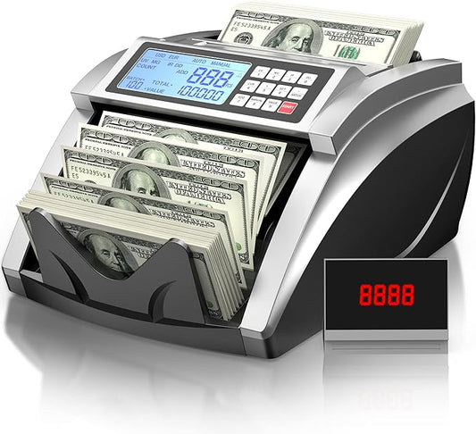 PONNOR Money Counter Machine with Value Bill Count, Cash Counter for Dollar, Euro with UV/MG/IR/DD/DBL/HLF/CHN Counterfeit Detection, Add/Bat/Value Mode Bill Counting Machine with Large LCD Display