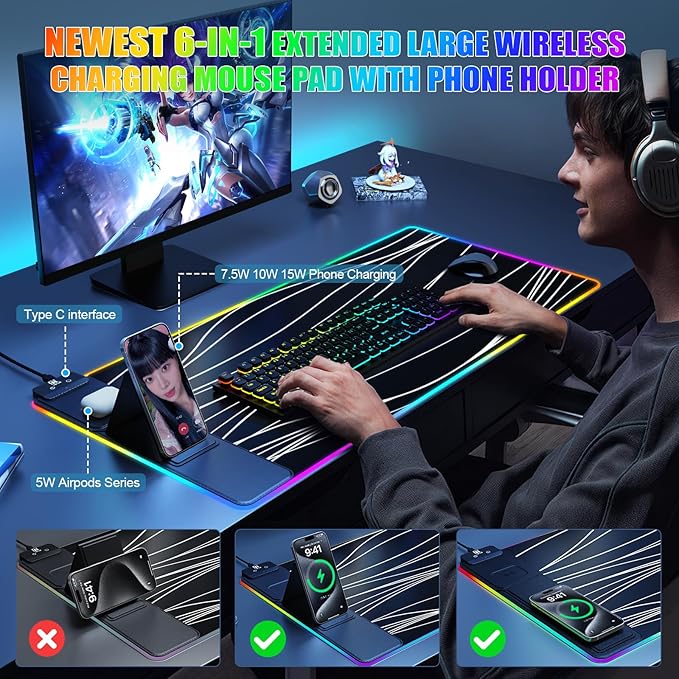 Mouse Pad with Phone Holder, Wireless Charging Desk Mat, RGB Gaming Mousepad Home Office Large Desk Pad with Ultra-Smooth Surface, Non-Slip Base, Waterproof Keyboard Pad,Wavy Black