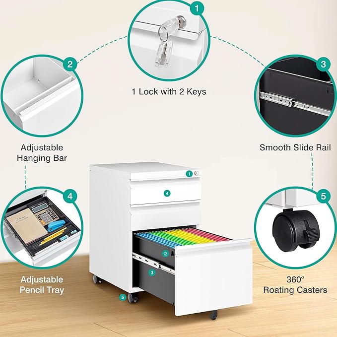 Assembled 3 Drawer File Cabinet with Wheels,Under Desk File Cabinet with Lock,White Rolling Filing Cabinets, Metal Filing Cabinets for Home Office,Fit A4/Letter/Legal,Pre-Assembled Except Caster