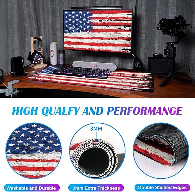 Oversized American Flag Computer Desk Pad, Non Slip Keyboard Pad, Custom Thick Seam Edge Office and Home Mouse Pad 35.4 x 15.7 Inches