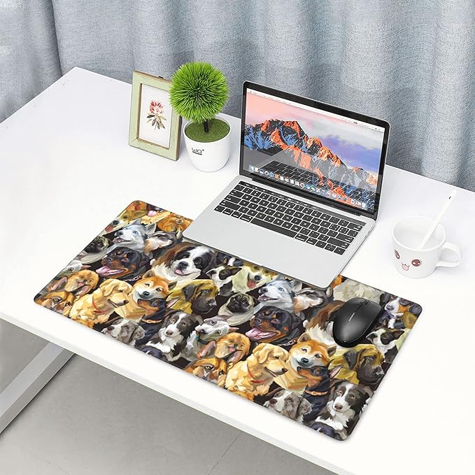 Desk Mat,Cute Dogs Heads Extended Gaming Mouse Pad for Office Work & Game,Computer Keyboard Mouse Mat Desk Non-Slip Rubber Base Large Mousepad with Stitched Edges, 31.5x15.7inch