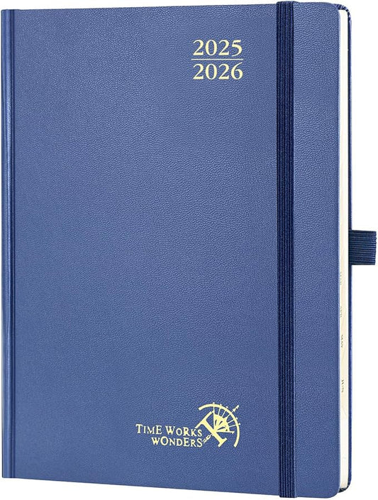 POPRUN Planner 2025-2026, (Medium 6.5'' x 8.5'' Hard Cover) Academic Calendar (July 25-June 26) Daily Weekly and Monthly Appointment Book with Hourly Time Slots, Monthly Tabs, 100 GSM - Navy Blue