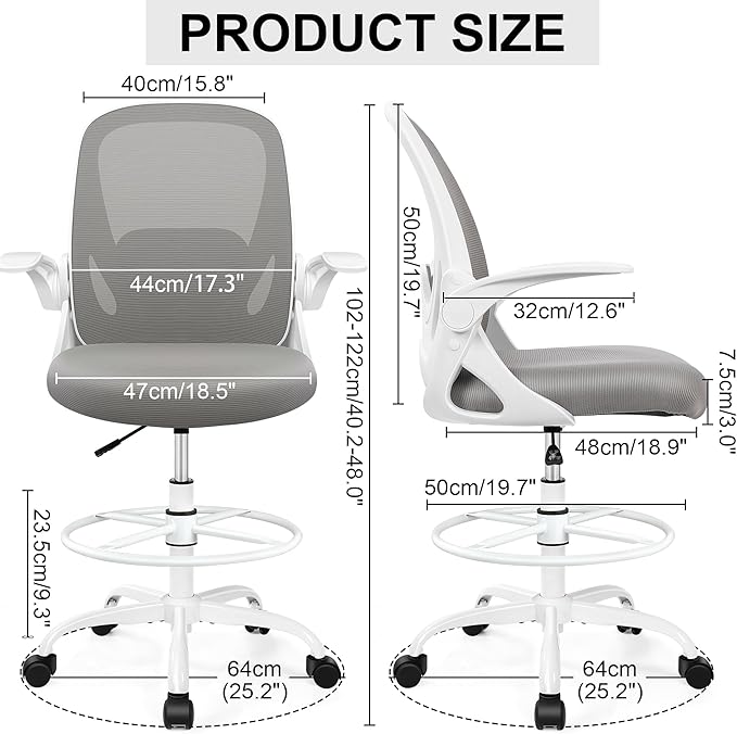 Drafting Chair Tall Office Chair with Flip-up Armrests, Adjustable Height, and Enhanced Lumbar Support - Ergonomic Rolling Stool, Back Support, and Adjustable Foot Rest Ring for Standing Desk Gray