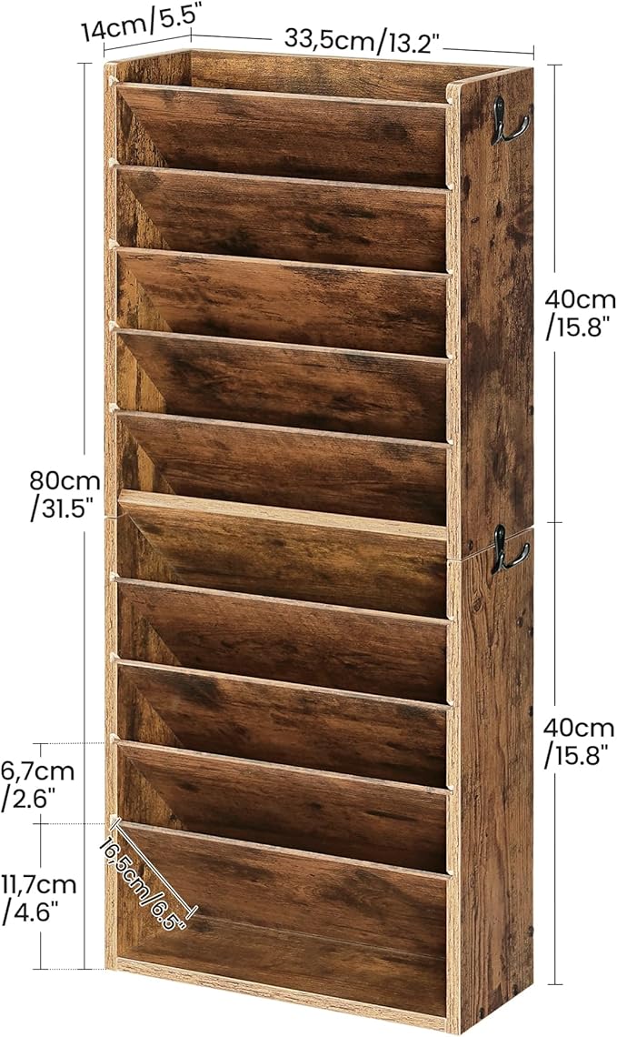 Wall File Organizer, 10-Tier Hanging Mail Organizer, Wall Mount File Holder with 4 Side Hooks, Mail and Storage Organizer, Wooden Vertical Hanging Holder for Office, Rustic Brown MWJ03FG