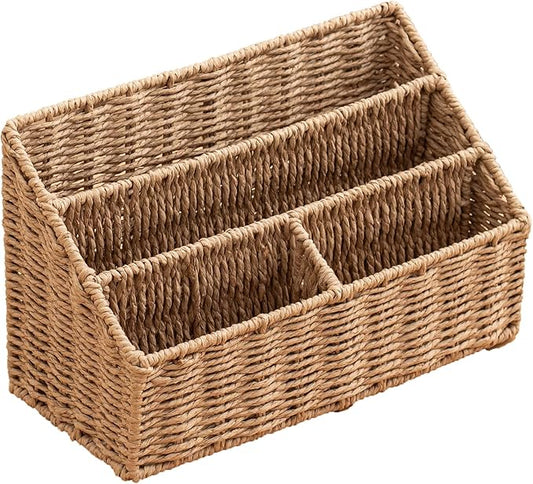 Woven Divided Storage Basket Desk Organizer Tabletop Mail Holder Countertop Paper Woven Basket Home Office Supplies (4 Compartments)