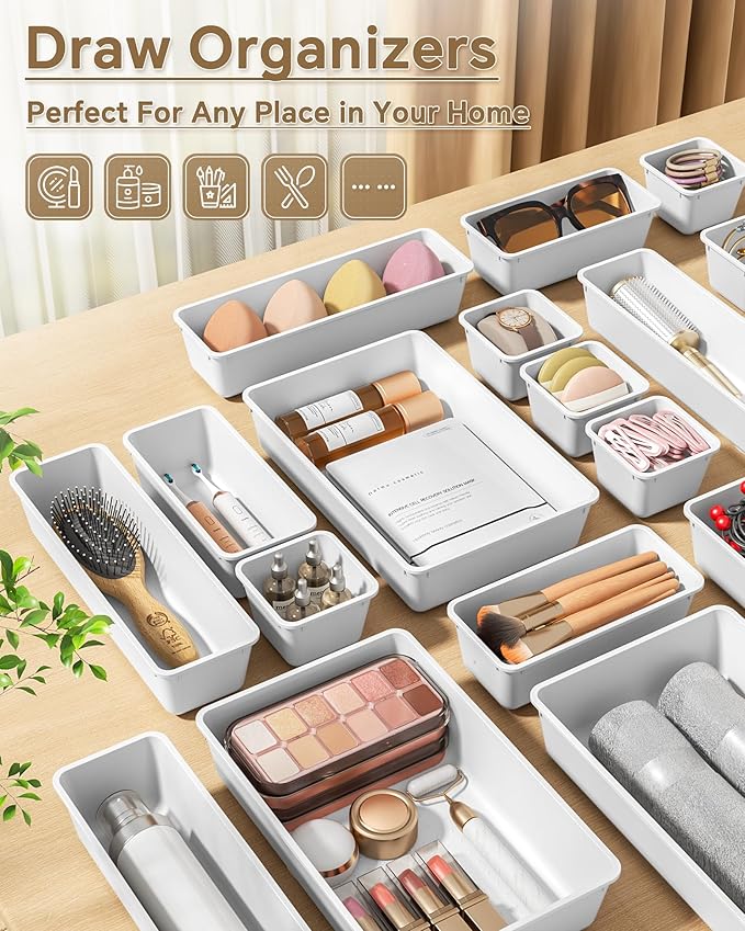 25 PCS Plastic Drawer Organizers Set, 4 Sizes Vanity Organizer, Makeup and Desk Drawer Organizer Trays, Organization and Storage for Makeup, Bathroom, Kitchen Utensils and Office (White)