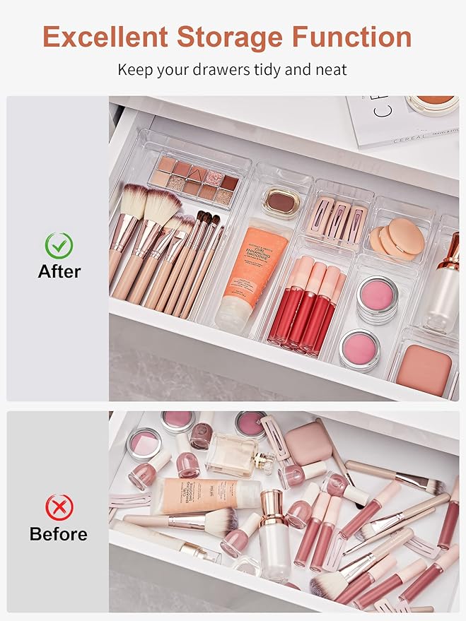 SMARTAKE 29-Piece Drawer Organizer with Non-Slip Silicone Pads, 4-Size Desk Drawer Organizer Trays Storage Tray for Makeup, Jewelries, Utensils in Bedroom Dresser, Office and Kitchen (Clear)