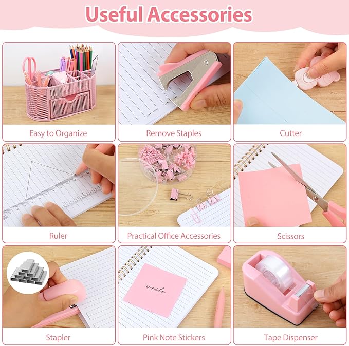 Office Supplies for Desk,14pcs Pink Desk Sets and Accessories, Office Supply Kit with Mesh Desktop Organizer and Stapler,Staple Remover, Staples,Tape Dispenser,Sticky Tabs,Scissors, Ruler