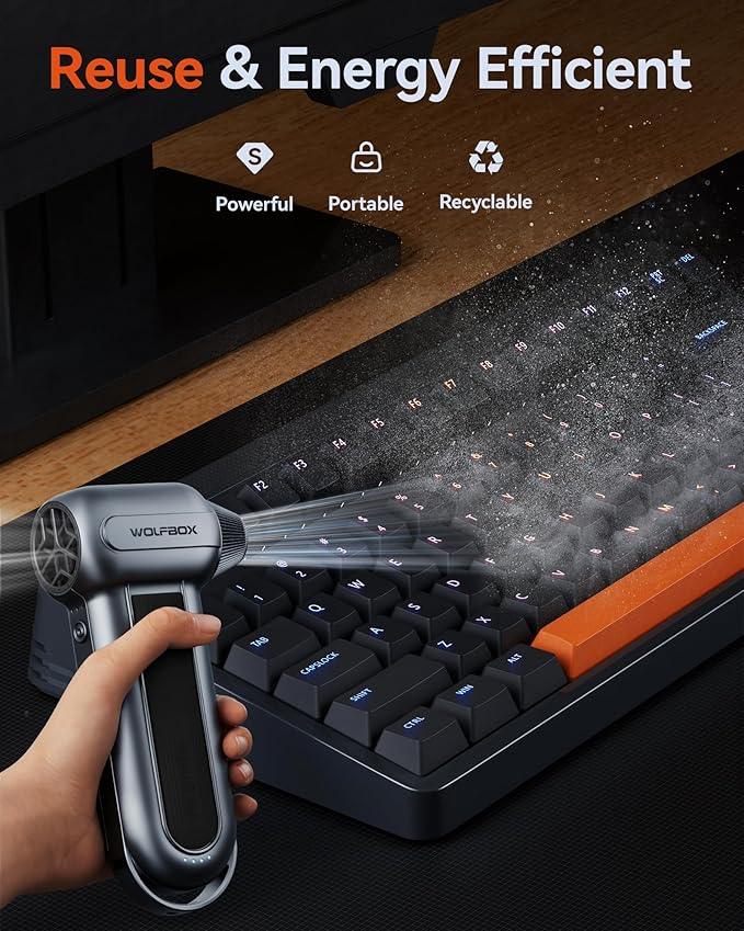 WOLFBOX MF100 Electric Air Duster-150000RPM Super Power Cordless Air Duster, Rechargeable Brushless Motor Durable Blower, 3-Gear Adjustable Dust Blower for Computer, Keyboard, Outdoor, House and Car