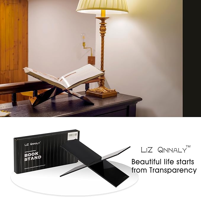 Large Clear Acrylic Book Stand - Perfect for Displaying Open Books on Your Coffee Table - Ideal for Bibles, Cookbooks, Guestbooks, Magazines, Each with a Lucite Paperweight (Black)