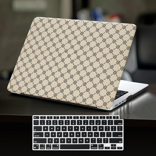 Compatible with MacBook Air 13 inch Case 2025 2024 2023 2022 M4 A3240 M3 A3113 M2 A2681, Luxury Checkered Textured Vintage Leather Plastic Hard Shell Case for MacBook Air 13.6 M4+Keyboard Cover, Beige