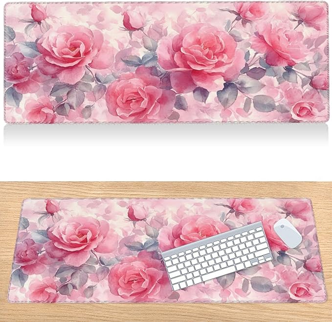31.5”x11.8”Large Gaming Mouse Pad for Desk, Mouse Mat with Seamed Edges, Waterproof Desk Pad, Non-Slip Rubber Base, Keyboard Pad Computer Mat, Big XL Mousepad-Pink Roses Watercolor