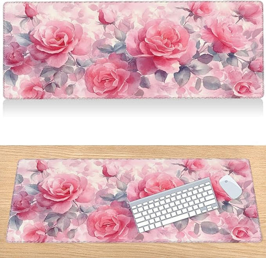 31.5”x11.8”Large Gaming Mouse Pad for Desk, Mouse Mat with Seamed Edges, Waterproof Desk Pad, Non-Slip Rubber Base, Keyboard Pad Computer Mat, Big XL Mousepad-Pink Roses Watercolor