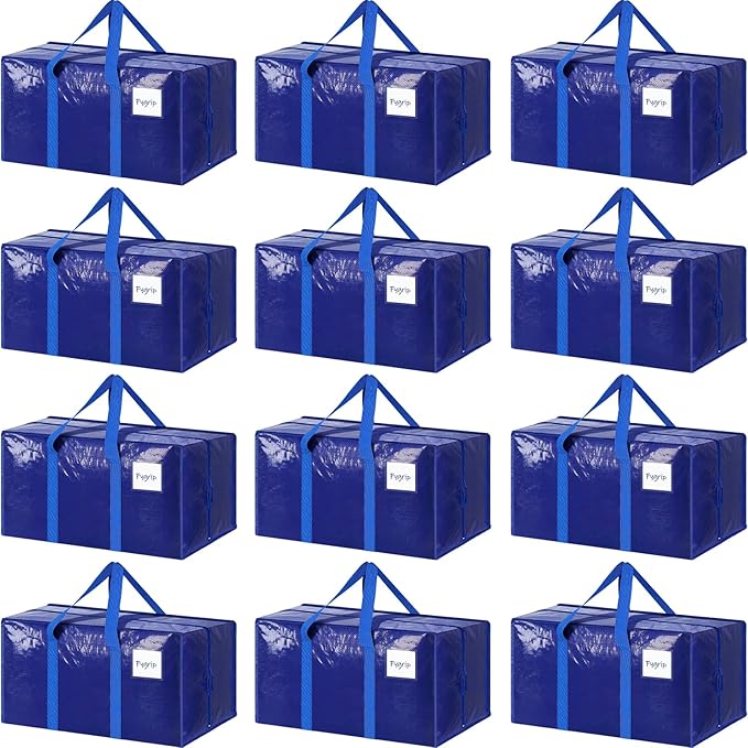 12 Pack Extra Heavy Duty Large Moving Bags with Strong Zipper & Comfortable Handles, Sturdy & Durable Clothes Storage Bags Totes Bins, Packing Moving Boxes for College Supplies, Blue