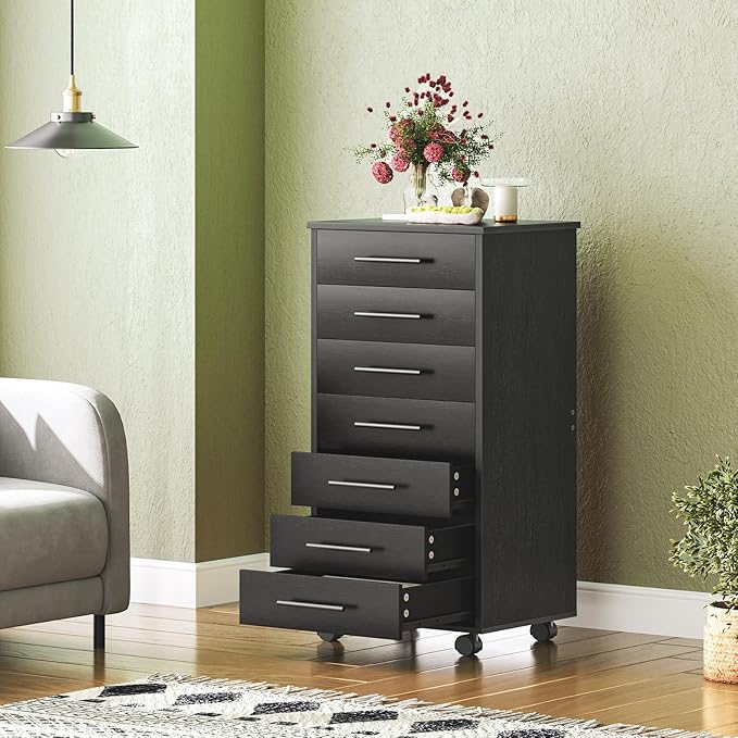 HOOBRO 7-Drawer File Cabinet, Wooden Office Cabinet with Drawers, Mobile Storage Cabinet, for Home Office, Study, Easy Assembly, Black BK07WJ01