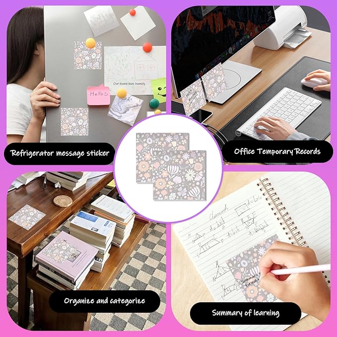 Sticky Notes 3x3 Inches, 2 Pads Cute Colorful Self-Stick Note Pads, Easy to Post for Home, Office and Daily Life Organization Cute Colorful Floral