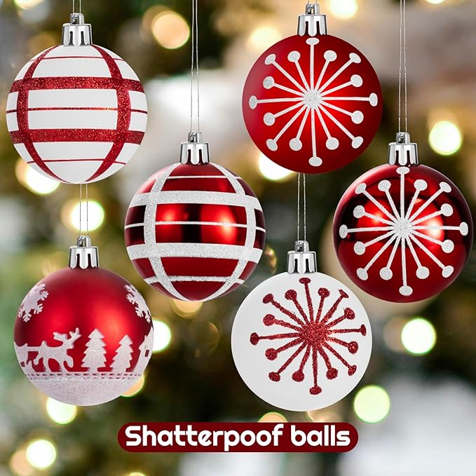 24PCS Christmas Ball Ornaments Set Xmas Tree Decoration Balls 2025 Shatterproof Hanging Colored for Party Wedding Home Party Outdoor Indoor White & Red