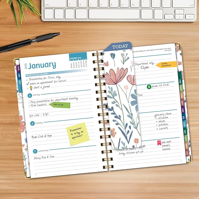 HARDCOVER 2026 Planner, 5.5"x8": 14 Months (November 2025 - December 2026), Daily Weekly Monthly Planner, Yearly Agenda, Bookmark, Pocket Folder and Sticky Note Set (Colorful Botanicals)