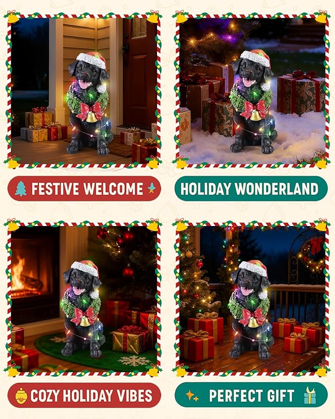 Christmas Outdoor Decoration Dog Statue, LED Light Cute Labrador Dog Sculpture with Santa Outfit & Lights for Garden and Yard, Indoor Holiday Décor Gift for mom and dad