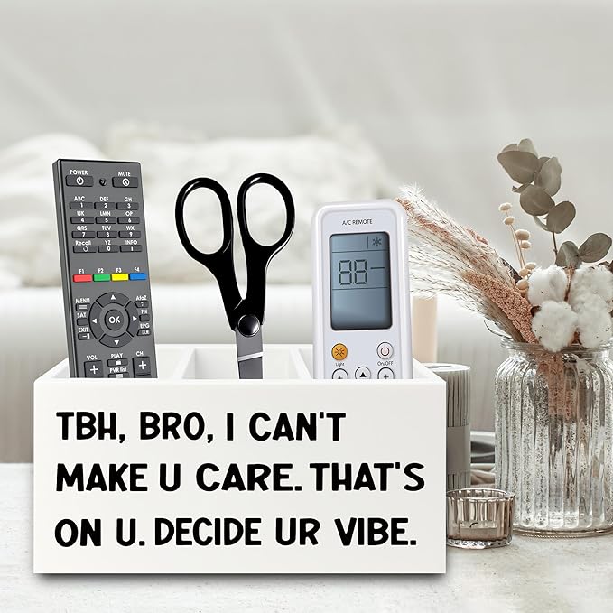 Funny Pen Pencil Holder Organizer for Desk, High School Classroom Decor, Funny Tbh Bro I Can't Make U Care Wooden Box Sign for Home Office Classroom Desk Tabletop Decorations