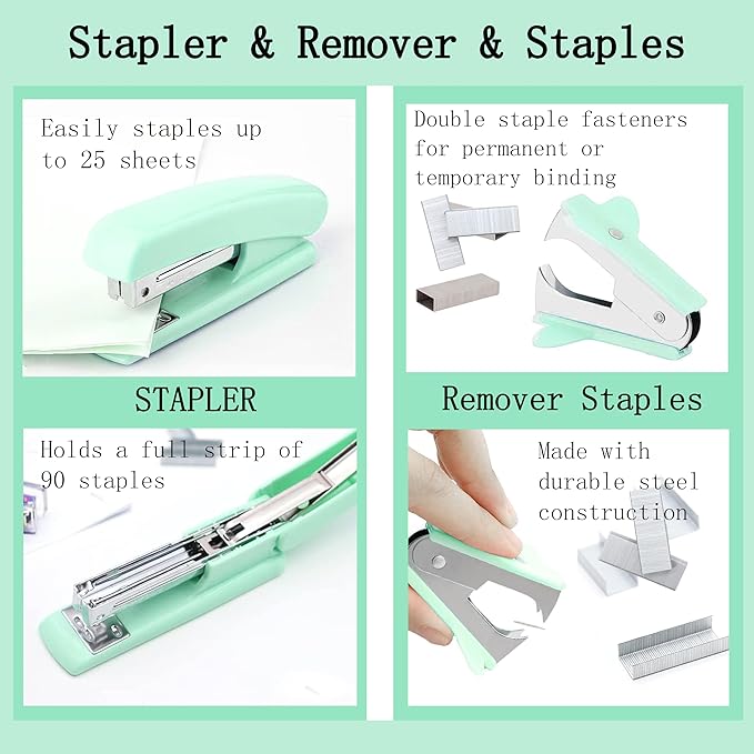 Green Office Desk Accessories Supplies, 12pcs Desk Organizers and Accessories with Tape dispenser and Stapler,Staples,Staple Remover,Pen Holder,Scissor,Ruler,Sticky Tabs,Tape,Ballpoint Pen,Clips Set