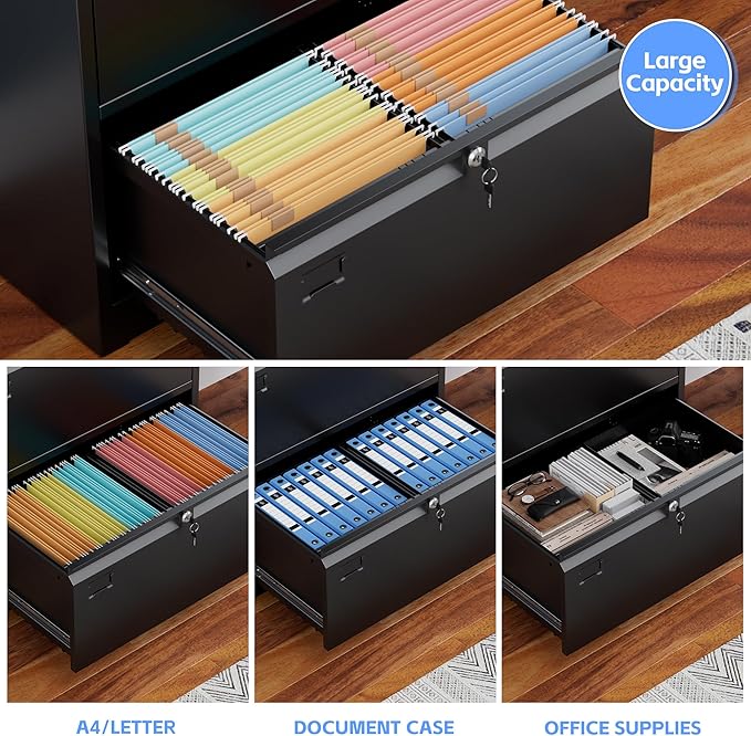 SUXXAN 4 Drawer File Cabinet, Lateral Filing Cabinet with 4 Locks for Home Office, Black File Cabinets with Business Card Holder for Letter/Legal/F4/A4 Hanging Files