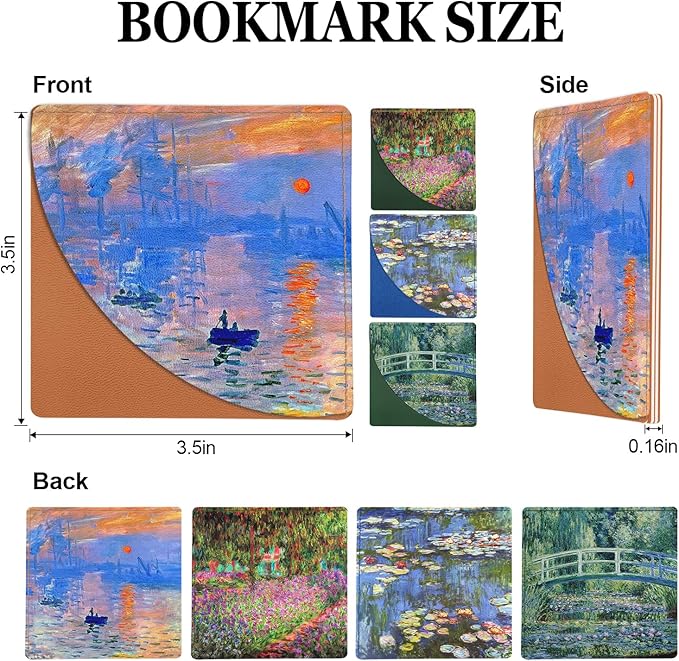 Monet Oil Painting Corner Bookmarks 4 Pcs, Cute Leather Book Accessories for Book Lovers, Reading Book Page Markers for Women Gifts (Water Lilies Irises Japanese Bridge Impression Sunrise)